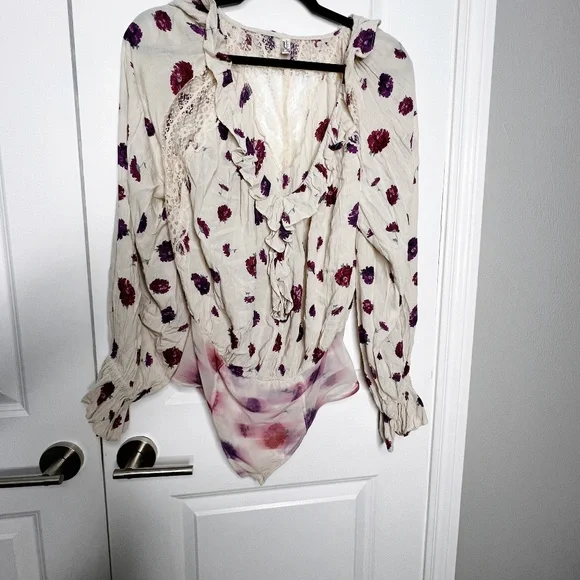 Free People Floral Poppy Printed Bodysuit Ruffle lace Cream Size S Pink - Picture 3 of 14